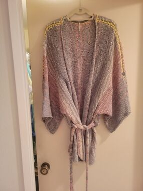 Free People Multicolor Open-Knit Wrap Cardigan with Yellow Shoulder Accents